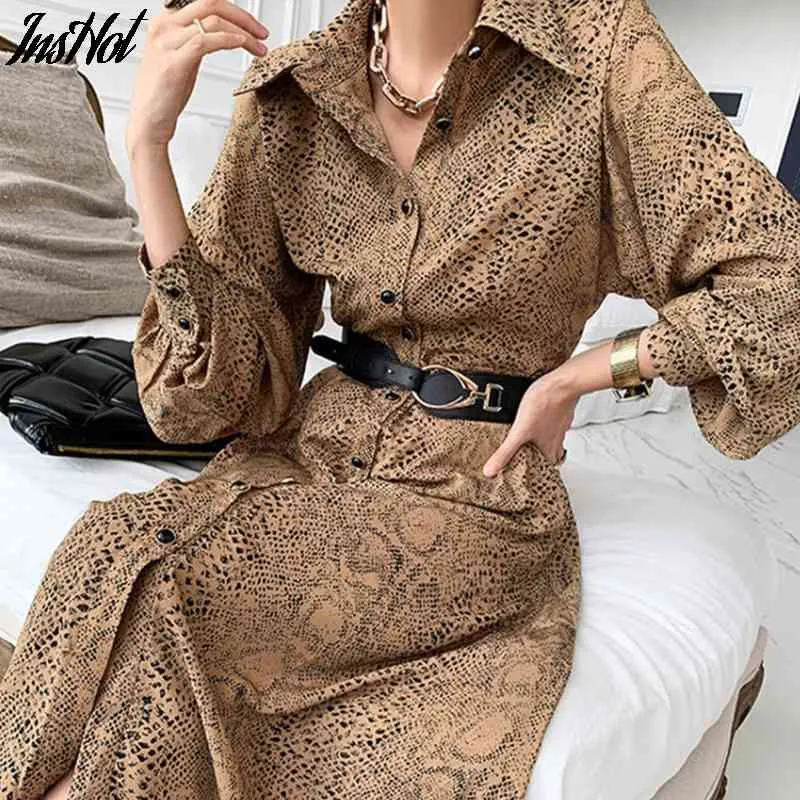 Stilvolles, mit Leopardenmuster bedrucktes langes Hemdkleid für Frauen, volle Hülse, einreihiges weibliches A-Linien-Kleid, Frühlings-Vestidos 210514