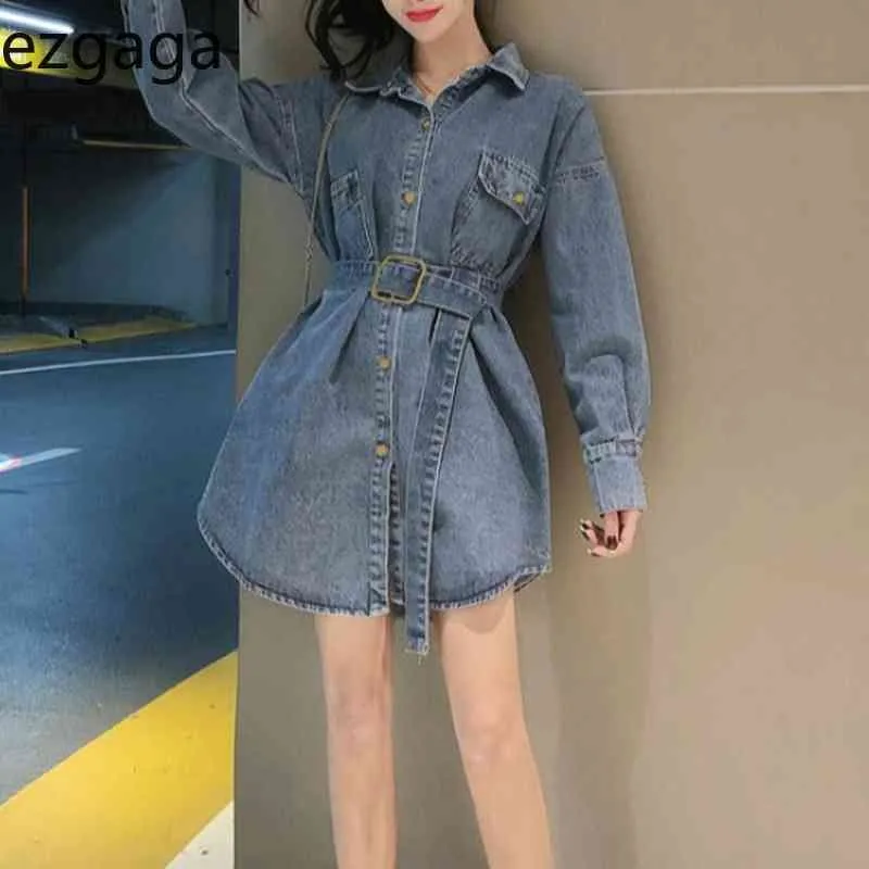 Ezgaga Sping New Vintage Bandage Dress Women Long Sleeve Denim Dresses Loose Solid Lapel Korean Fashion Streetwear Vestidos 210430