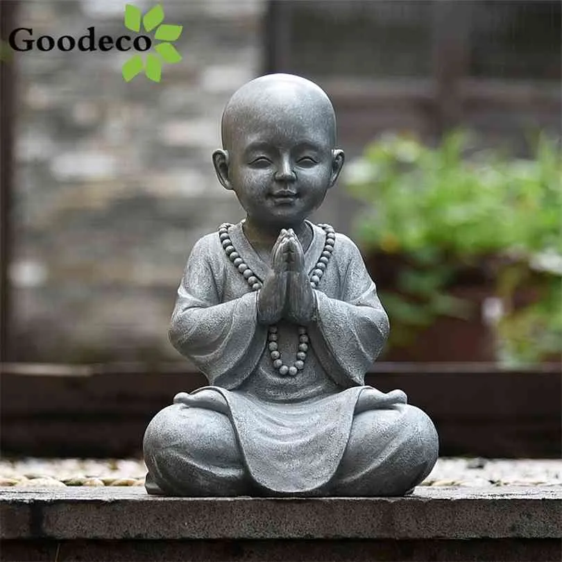 Goodeco Mediterande Baby Buddha Staty Garden Outdoor Buda Figurinredning Zen Monk Skulptur Jardin Lawn Sitting Ornament 210827