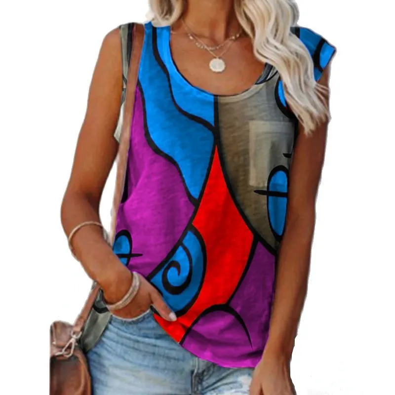 Oversized Casual Ärmlös Färg Matchning Tshirt Summer Women's Vest Topps Vintage O Neck Print Pocket Decor Loose Tank Tops 210507