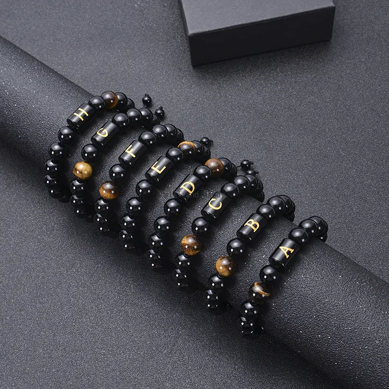 A-Z English Letter 10mm Natural Stone Tiger Eye Black Agate Bead 팔찌 초기 짠 조절 가능한 구슬 팔찌 뱅글 커프 여성 남성 패션 보석