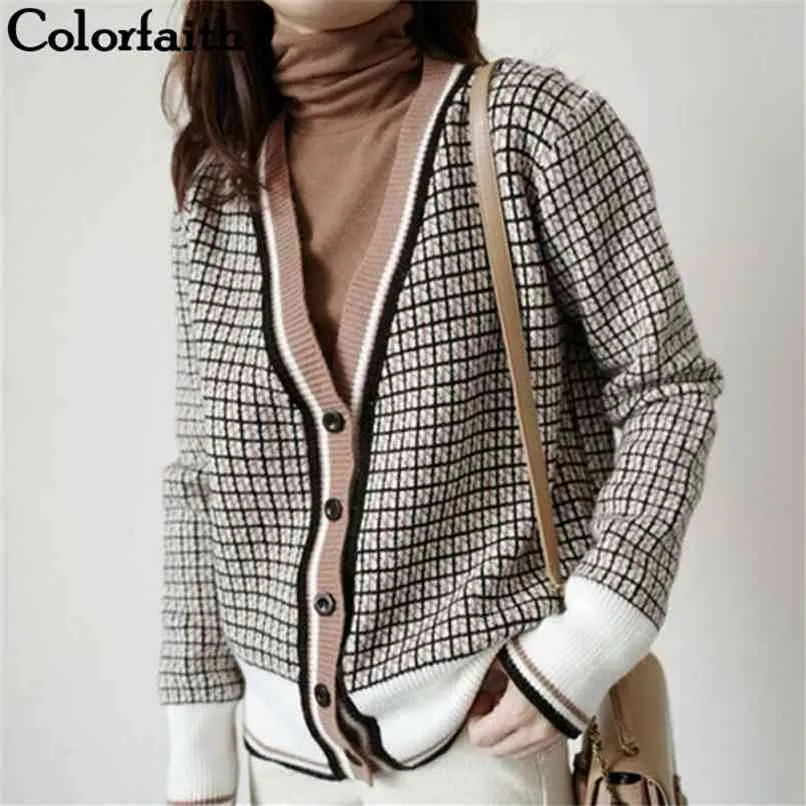 Colorfaith Inverno Primavera Donna Maglioni Plaid Alla Moda Stile Coreano A Quadri Maglia Oversize Cardigan SWC291 210914