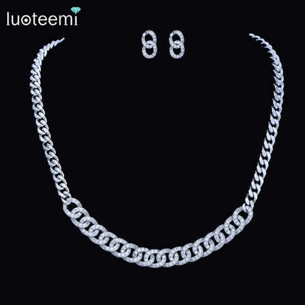 Luoteemi New Simple Design Shining Micro Pebble Cz White Crystal Gold Fashion Jewelry Long Cuban Chain Necklace Gift Q0809
