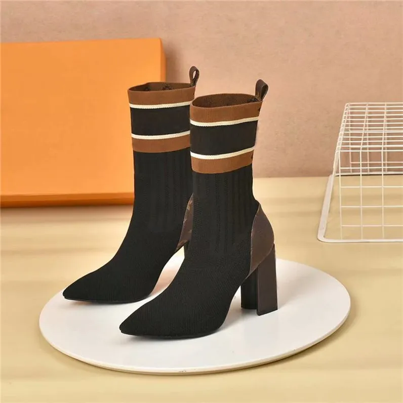 2021 Top Qualité Femmes Bottes Chaussettes Talons S Designers Imprimé Wedge Lady Stylist Chaussures Mode Martin Boot avec Original Box Dust Bag