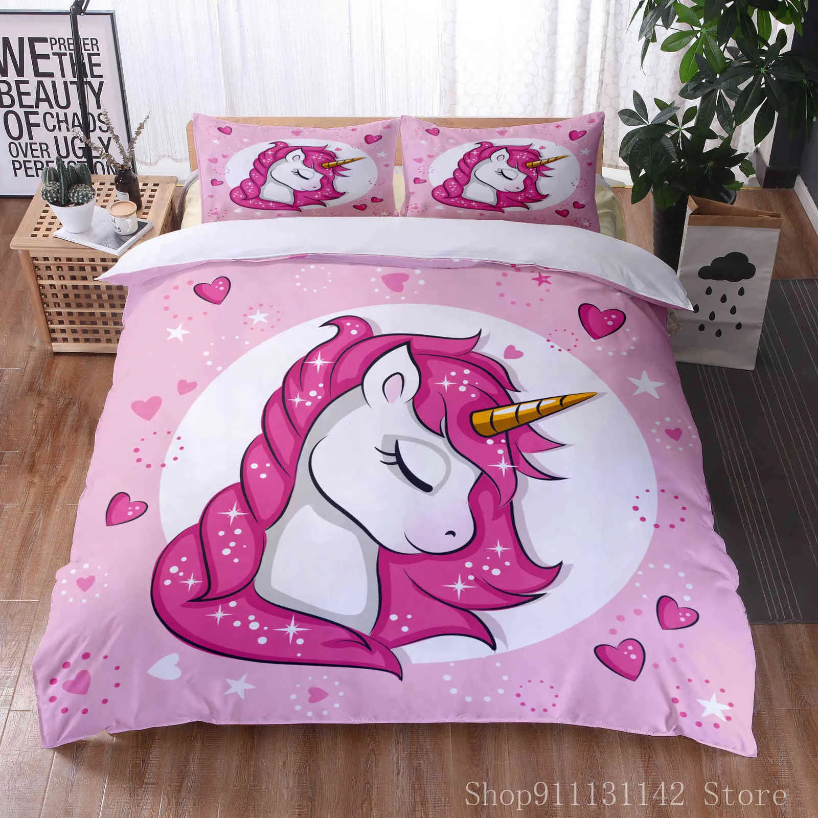 Copripiumino stampato con unicorno luminoso colorato Biancheria da letto con motivo animale del fumetto Queen King Tessili per la casa a grandezza naturale