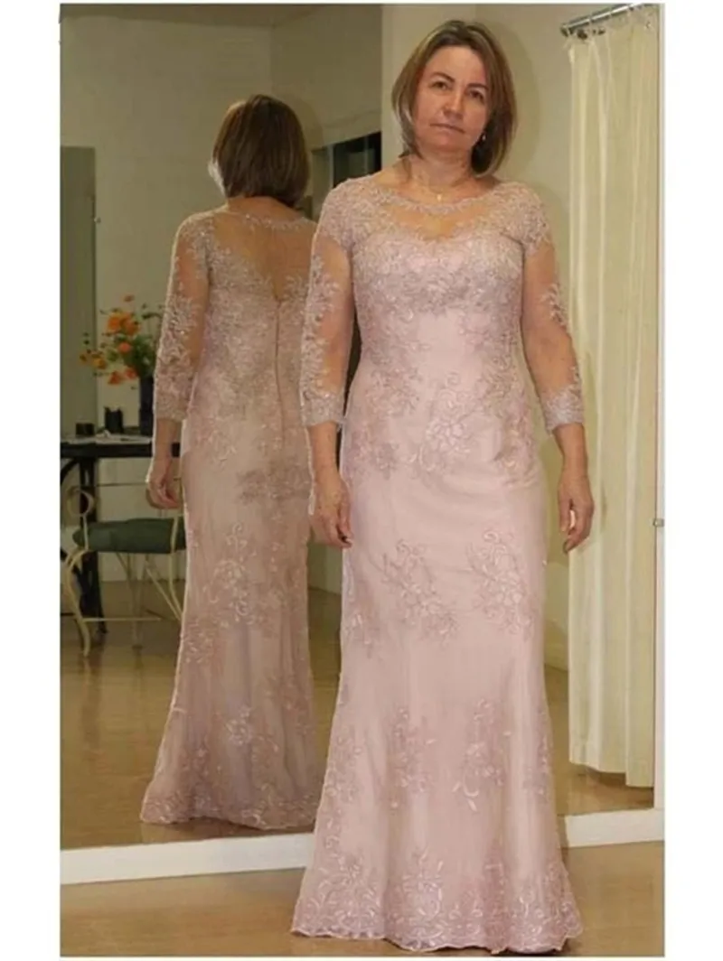 Elegante manga larga de encaje Vestidos para madre de la novia Ilusión Cuello redondo Apliques Hasta el suelo Mujeres Invitadas Vestidos de fiesta de boda Novio Noche de la madre Ropa formal