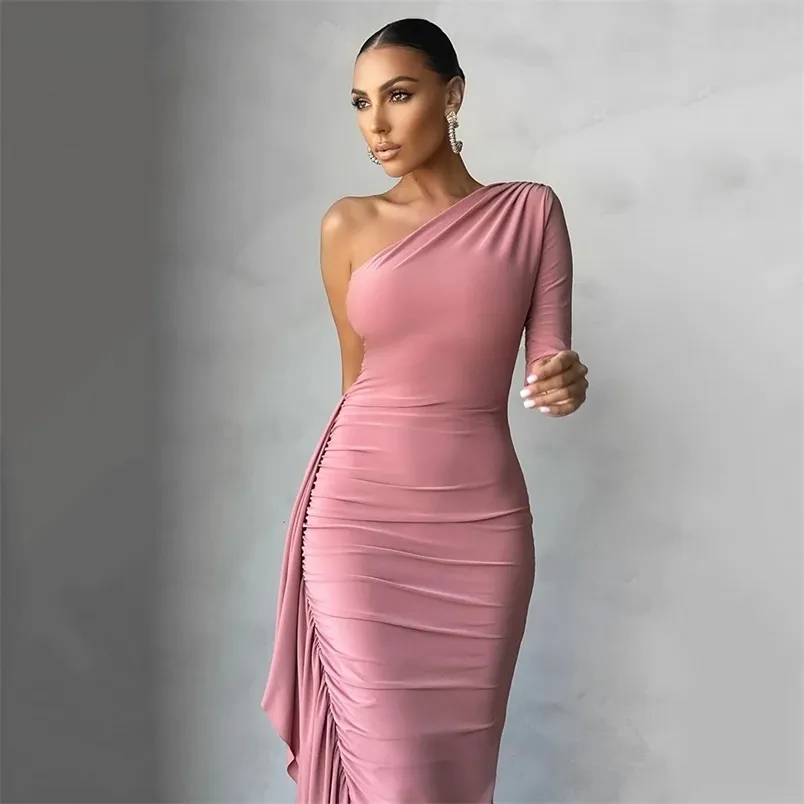 Été femmes de haute qualité rose marron à manches longues une épaule moulante à volants Sexy robe de soirée Vestidos 210525