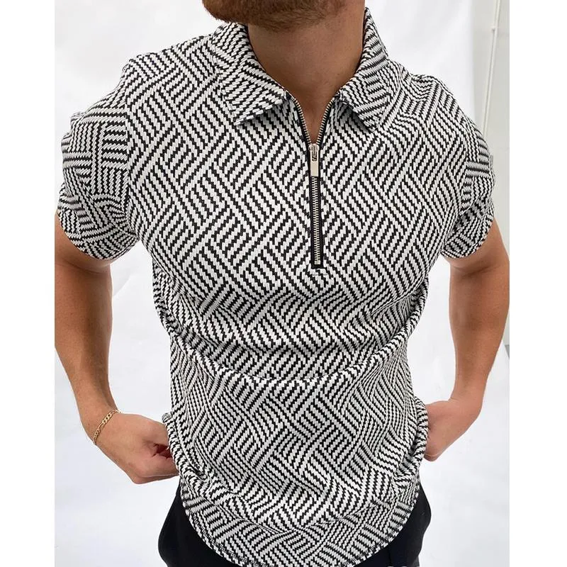 Men's T-Shirts France High Quality Men Shirt Parisian Style Short-sleeved T-shirt With Zipper Lapel Plaid TShirts Male Casual Tees