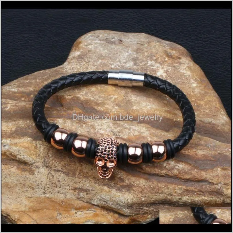 new leather bracelet men stainless steel cubic zircon charm bracelets retro style magnet clasp male wristband jewelry