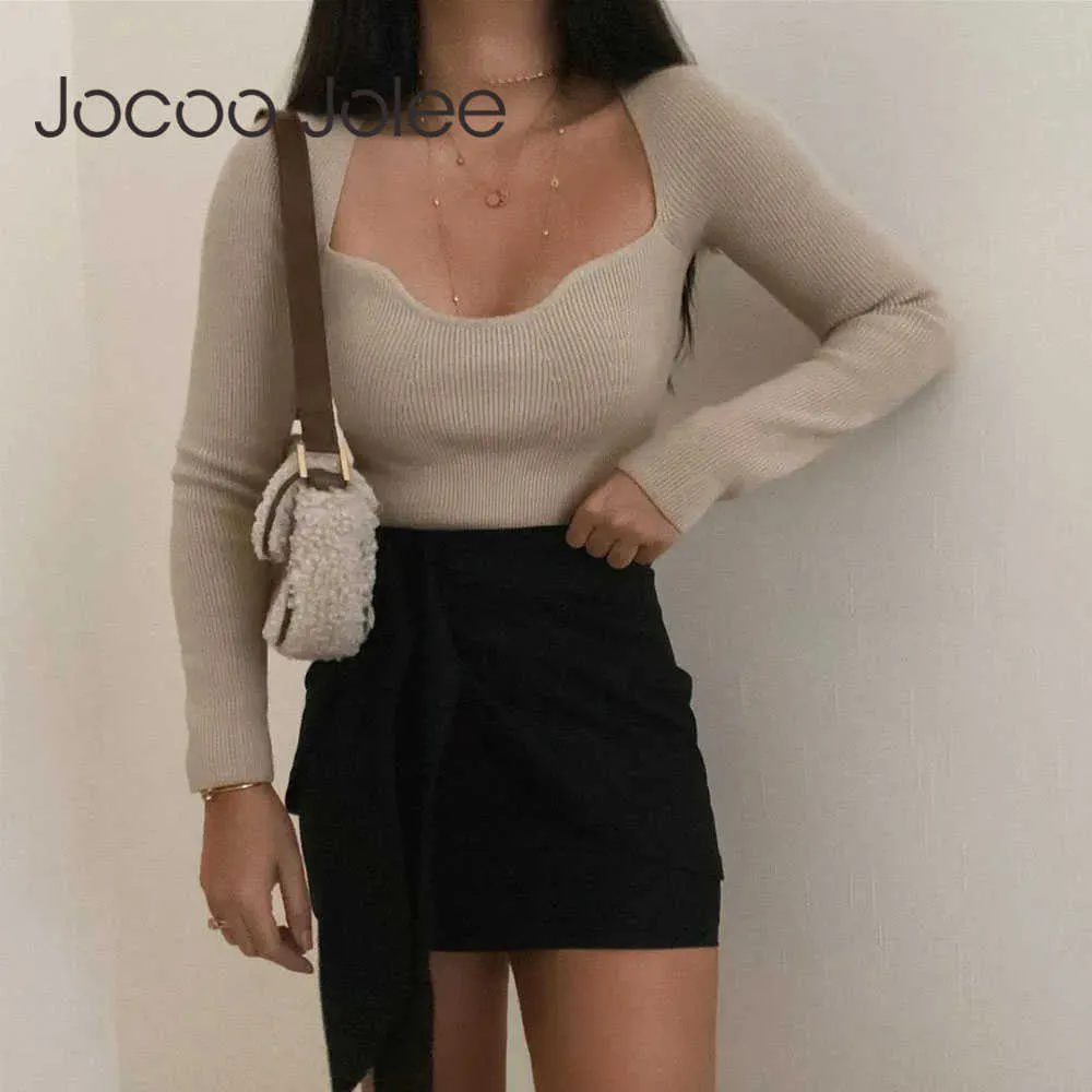 Jocoo Jolee Dames Gebreide Sweater Schroefdraad Top Lange Mouw Solid Heart-nek Elegante Casual Slim-Fit Dichte Trui Tops 210619