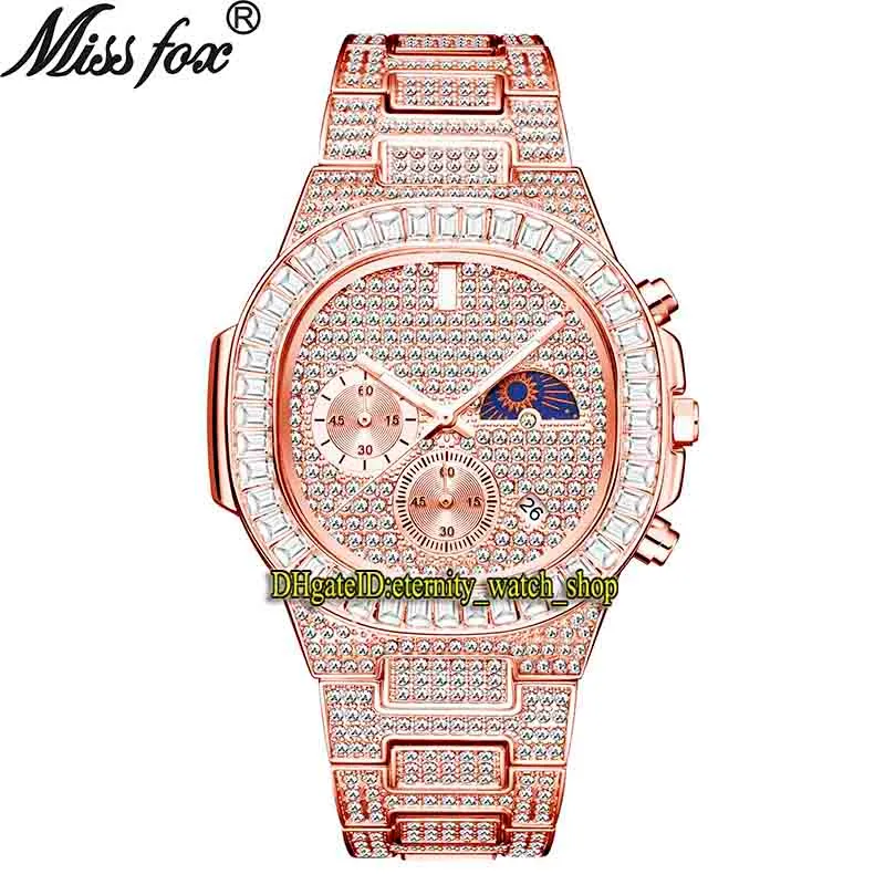 MISTFOX EVERNITY V313 HIP HOP MASHION MENS Часы CZ Diamond Inlay Dial Cardz Движение Мужчины Смотреть Ледяные Услуги Белые Большие Бриллианты Бейзель Сплав Корпус Розовый Золотой Ремешок