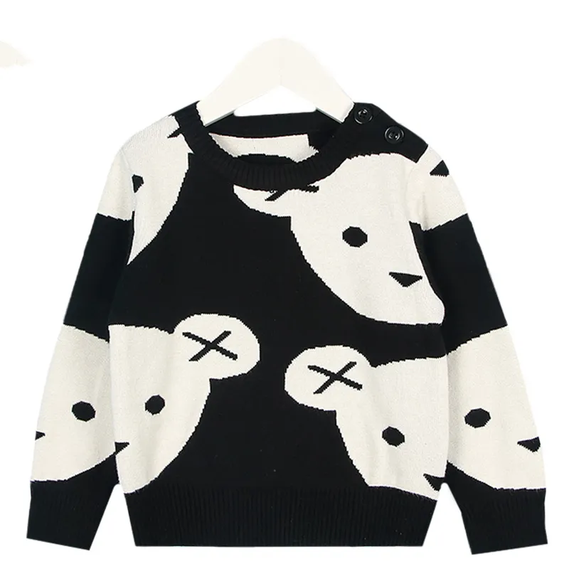 Baby Boys Girl Roupas Bonito Dos Desenhos Animados de Algodão De Tricô Moda Crianças Preto Branco Urso Sweater Cardigan Kids Coat 210429