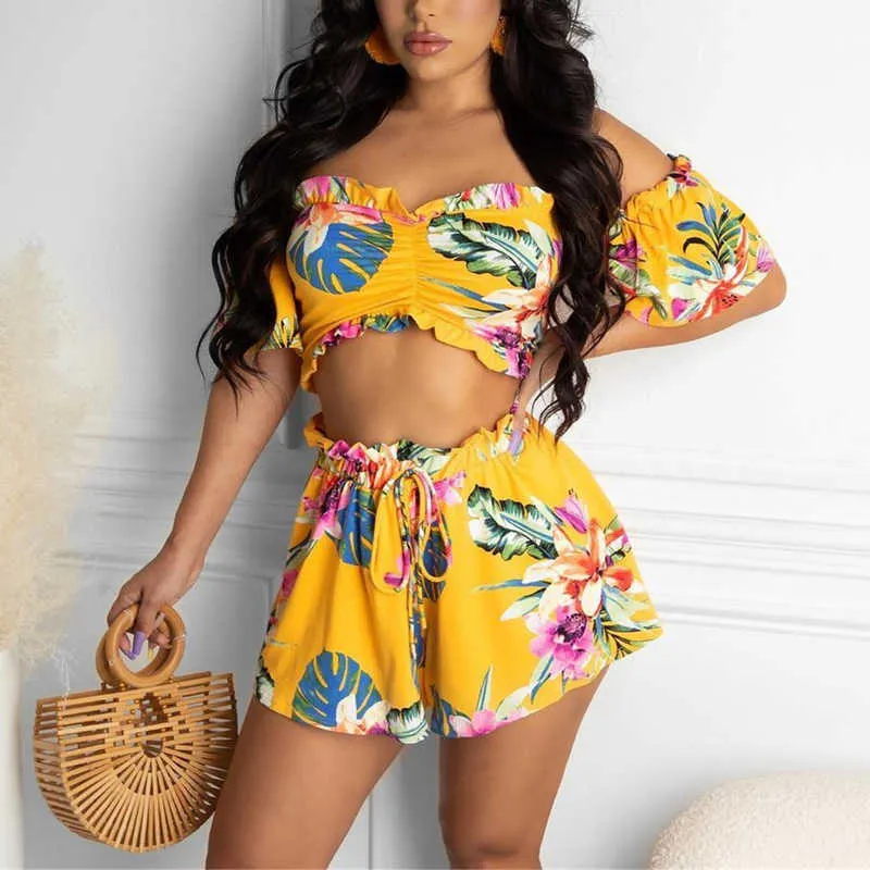 Sexy Verão Dois Peça Outfits Calções Set Mulheres Flor Impresso Ruffles Colheita Tops e Shorts Beach Clubwear X0709