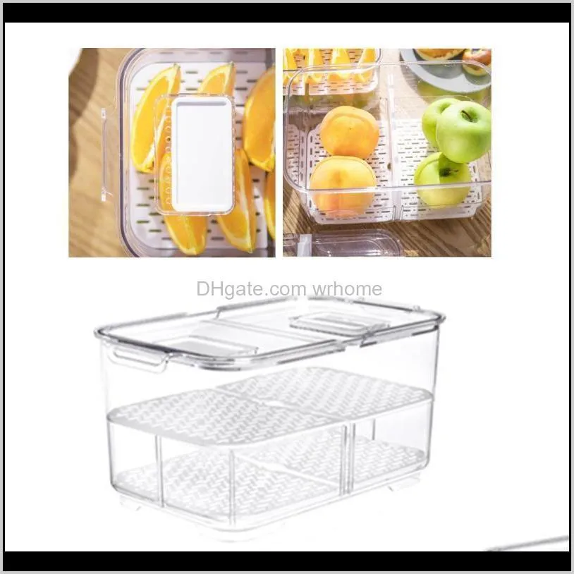 saving space home drain storage box with lid fridge organizer fruit vegetable transparent rectangle double sealed portable bottles &