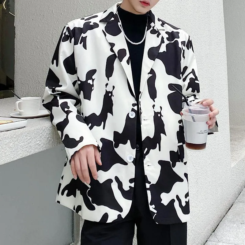 Autumn Men Vintage Black White Print Casual Suit Blazers Coat Male Streetwear Hip Hop Cow Printed Loose Overcoat Men's Suits &