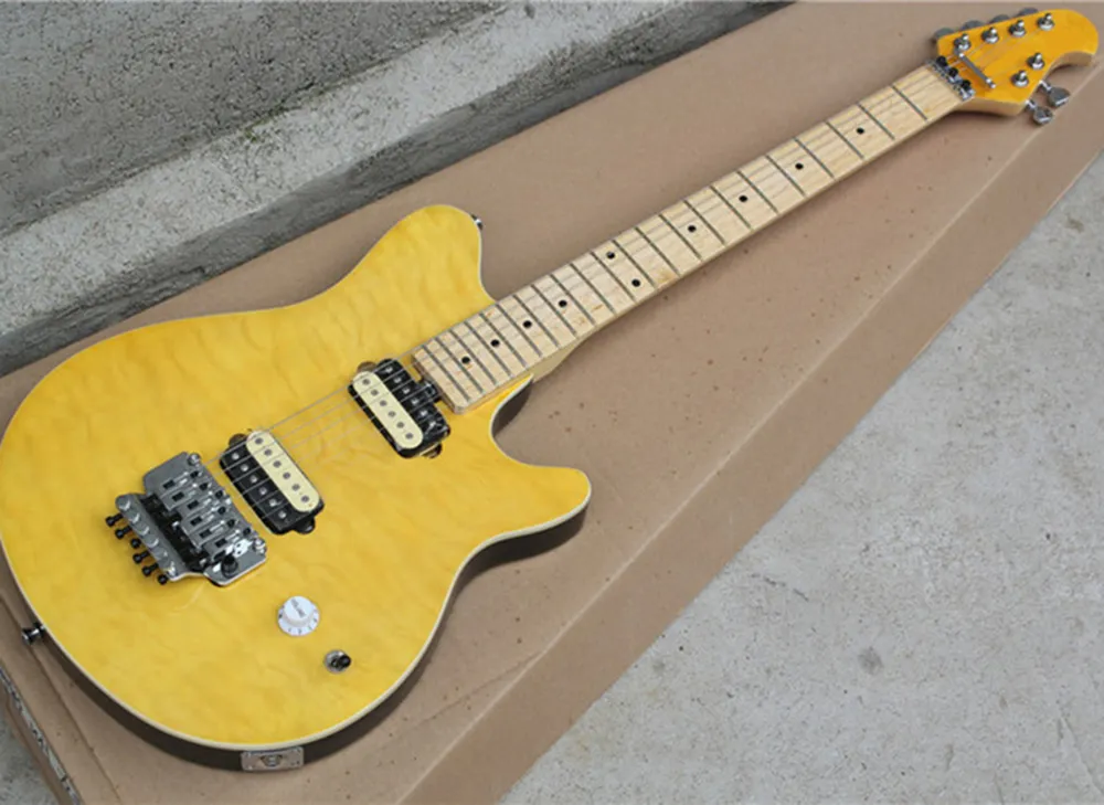 6 strängar Gul elektrisk gitarr med Tremolo Bridge, Quilted Maple Faner, Maple Fretboard, Customizable