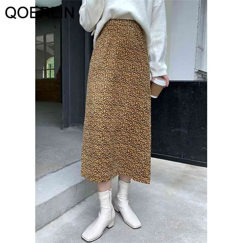 Корденрой юбки для девочек Летняя стройная цветочная корейская спина Сплит средняя длина A-Line высокая талия уличная одежда CHIC SAIA 210601