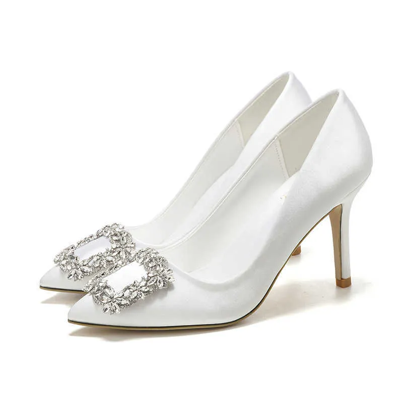 Korean Style Pointed High Heel White Wedding Shoes Bridal Small Size 33-43 Sizes Dress Party 210721