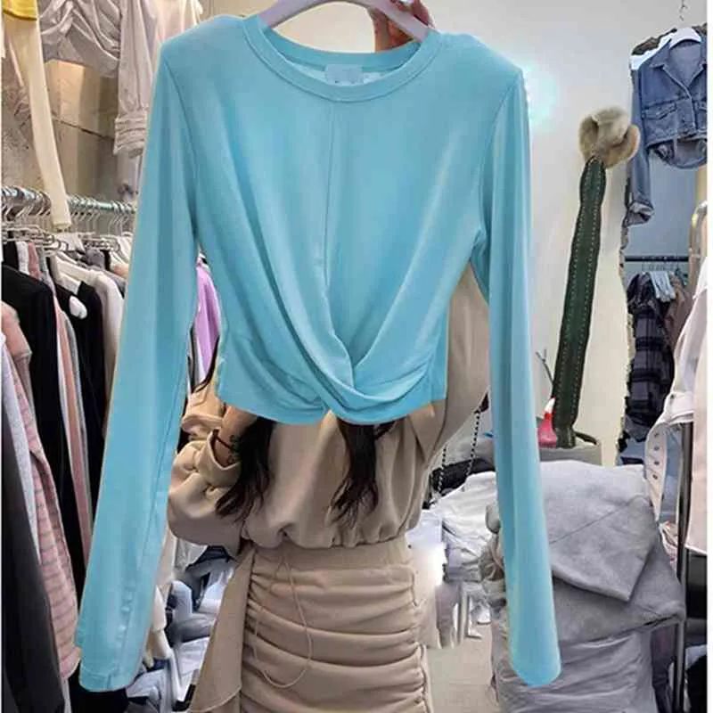 Enkel Solid Långärmad Kvinna Tshirts Chic Folds Slim Waist Design Femme T Shirt Vår O-nacke All-Match Crop Top 210514