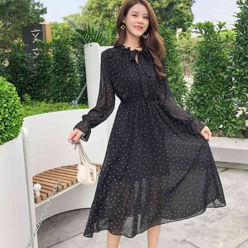 Ahorra a lo Grande en Compras al por Mayor de Elegante Estampado De Puntos  Manga De Llamarada Mujeres Vestidos Largos Primavera Volante Patchwork Con 