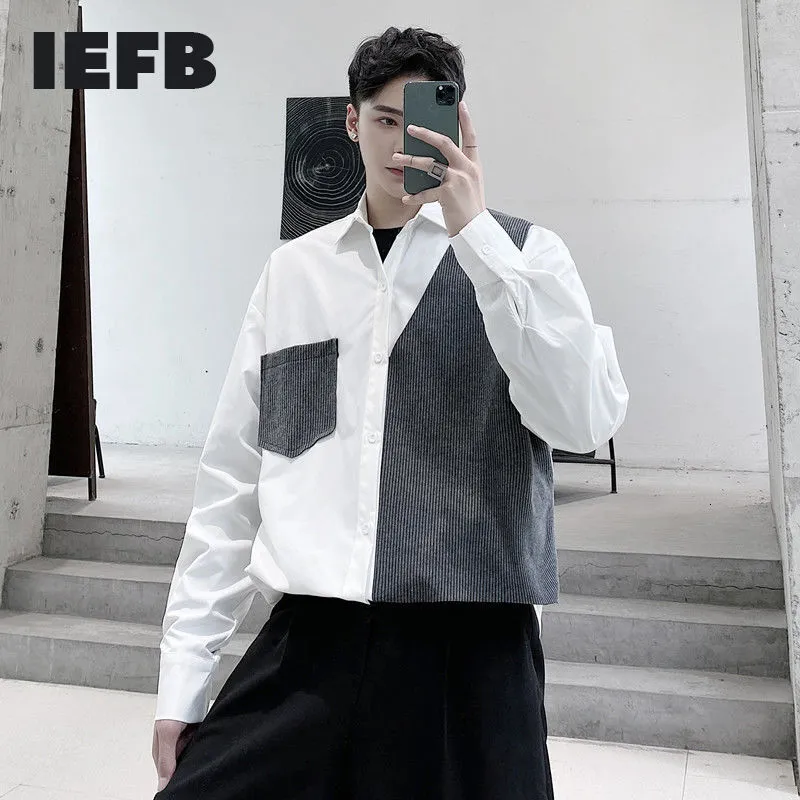 IEFB / Herrkläder Nisch Färgblock Patchwork Oversize Skjortor Mode Design Casual Koreansk stil Långärmad Tops P75 210524