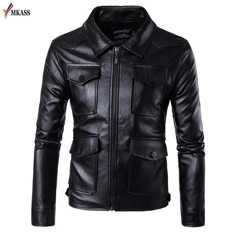 Herrp￤ls faux svart skinnjacka rockar avviker krage pu jackor punk motorcykel plus storlek 5xl blouson moto