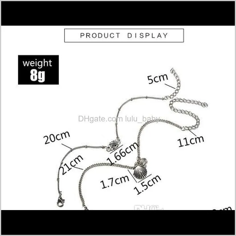 Bohemian Multi Layer Anklets Fan Shell Shape Waterdrop Charm Antique Silver Yoga Ankle Bracelets Bohemian Ankle Chain