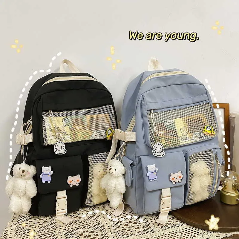 2021 Schnalle Abzeichen Frauen Rucksack Candy Farbe Mode Nette Schultasche Schulter Student Tasche Teenager Mädchen College Schule Rucksäcke Y0804