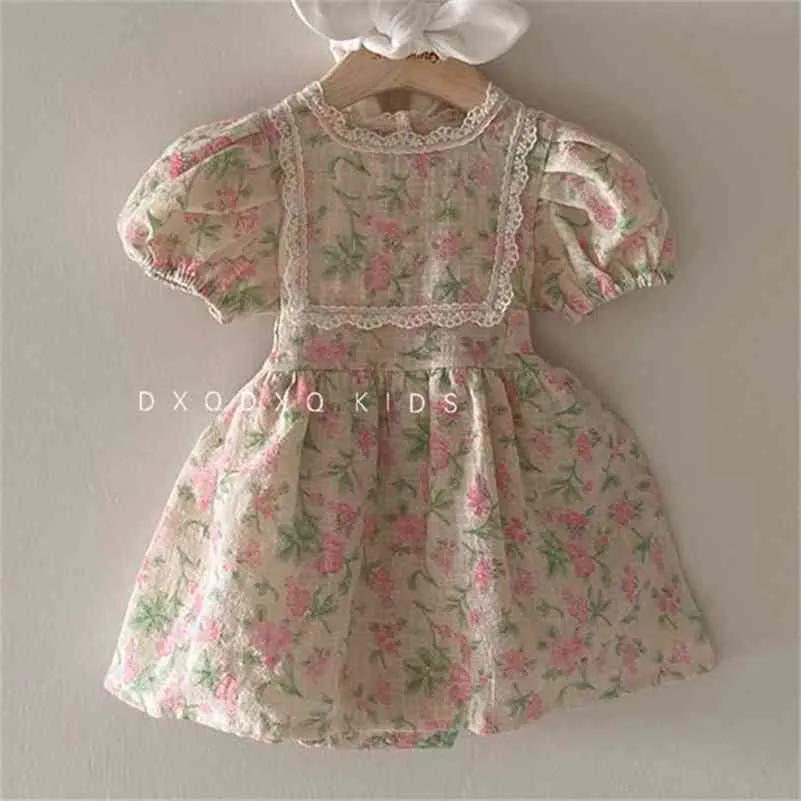 Vestito da tutu vintage estivo da bambina in stile coreano Abito da bambina a maniche corte con motivo floreale per bambina Abiti estivi per bambini 210317