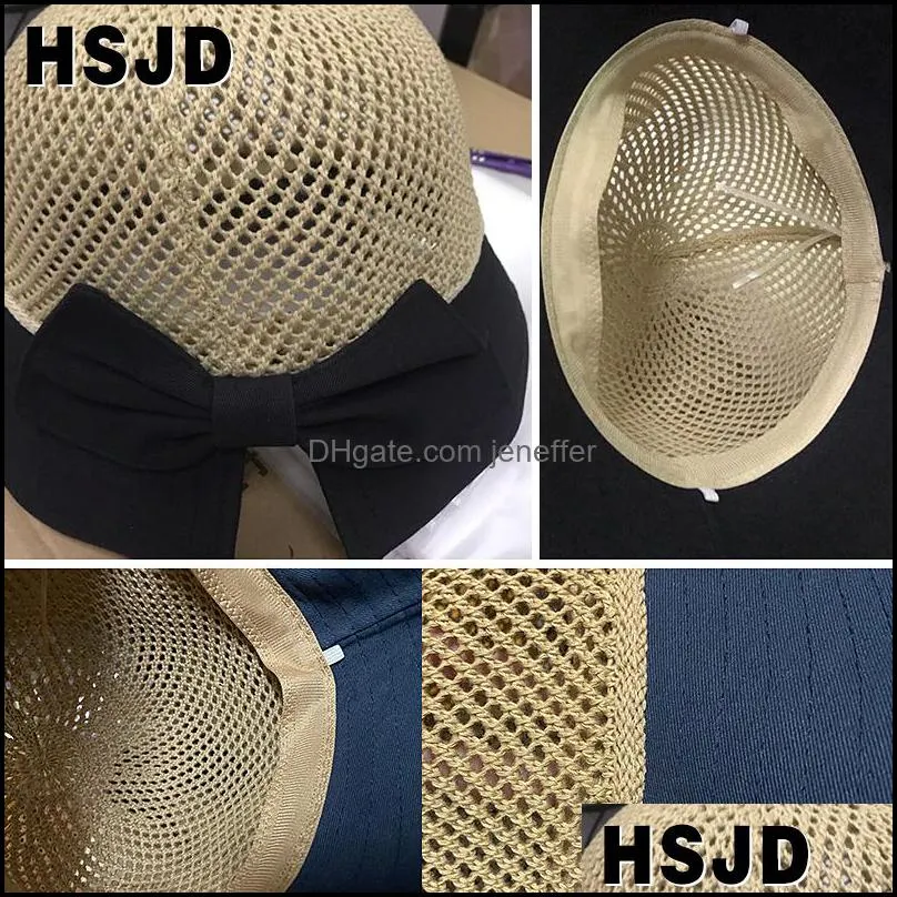 2020 New Bow Sun Hat Cap Wide Brim Floppy Top Summer Hats For Women Beach Panama Straw Dome Bucket Hat Hollow Out Visor Bonnet C0305