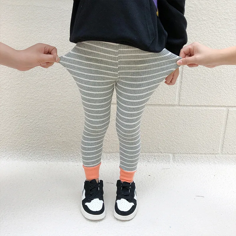 Autumn cute girls casual striped leggings high elastic skinny 3 colors patchwork pants 210508