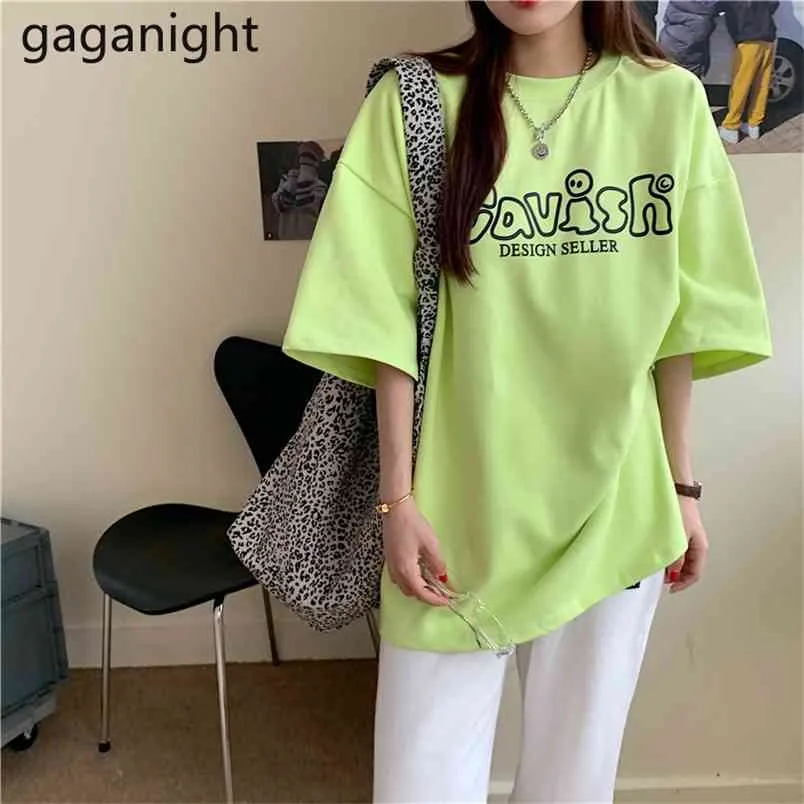 Корейский винтажный тонкий симпатичный писем печатает о-шеи девушки футболки свободно флуоресцентный зеленый с коротким рукавом летняя офис леди 210601
