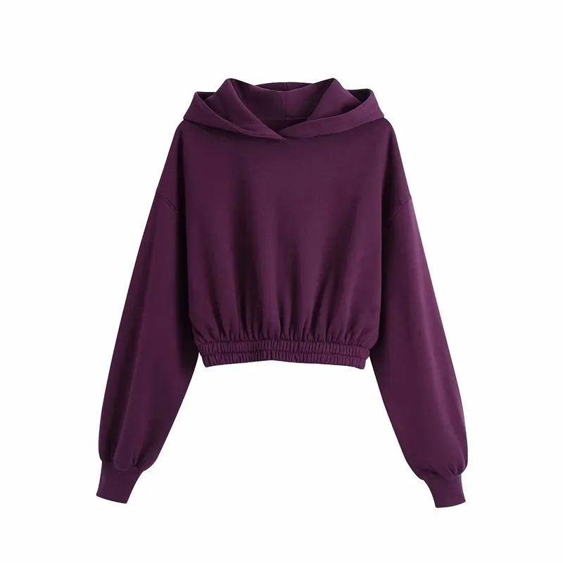 Causale vrouwen Solid Purple Hoodies Mode Dames Hooded Taille-gecontroleerde Tops Streetwear Vrouwelijke Chic Sport Korte Pullovers 210427