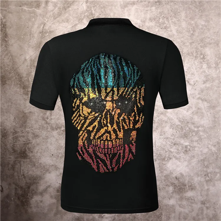 Summer Menswear Designer German Rock Punk Hot Rhinestone Color Skull Print Polo Shirt Pure Cotton Slim High Quality Hip Hop Male T-shirt #PP0008