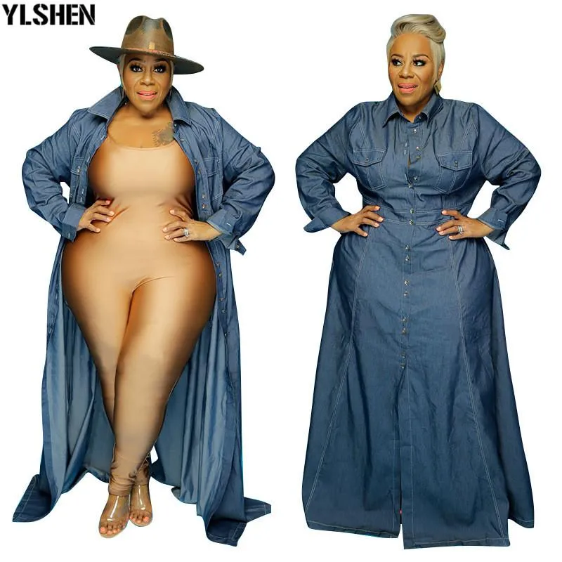 Afrykański Dżins Długie Maxi Sukienka Afryka 5xl Plus Size Odzież Dashiki Talii Koszula Kołnierz Projekt Ubrania Afryki Dresses Dla Kobiet