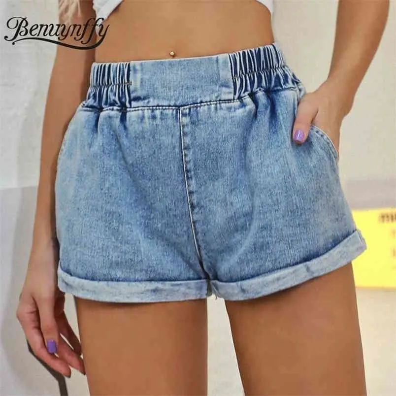 Elastic High Waist Crimping Hem Denim Shorts With Pocket Summer Women Casual Jeans Kvinna Bottoms 210510