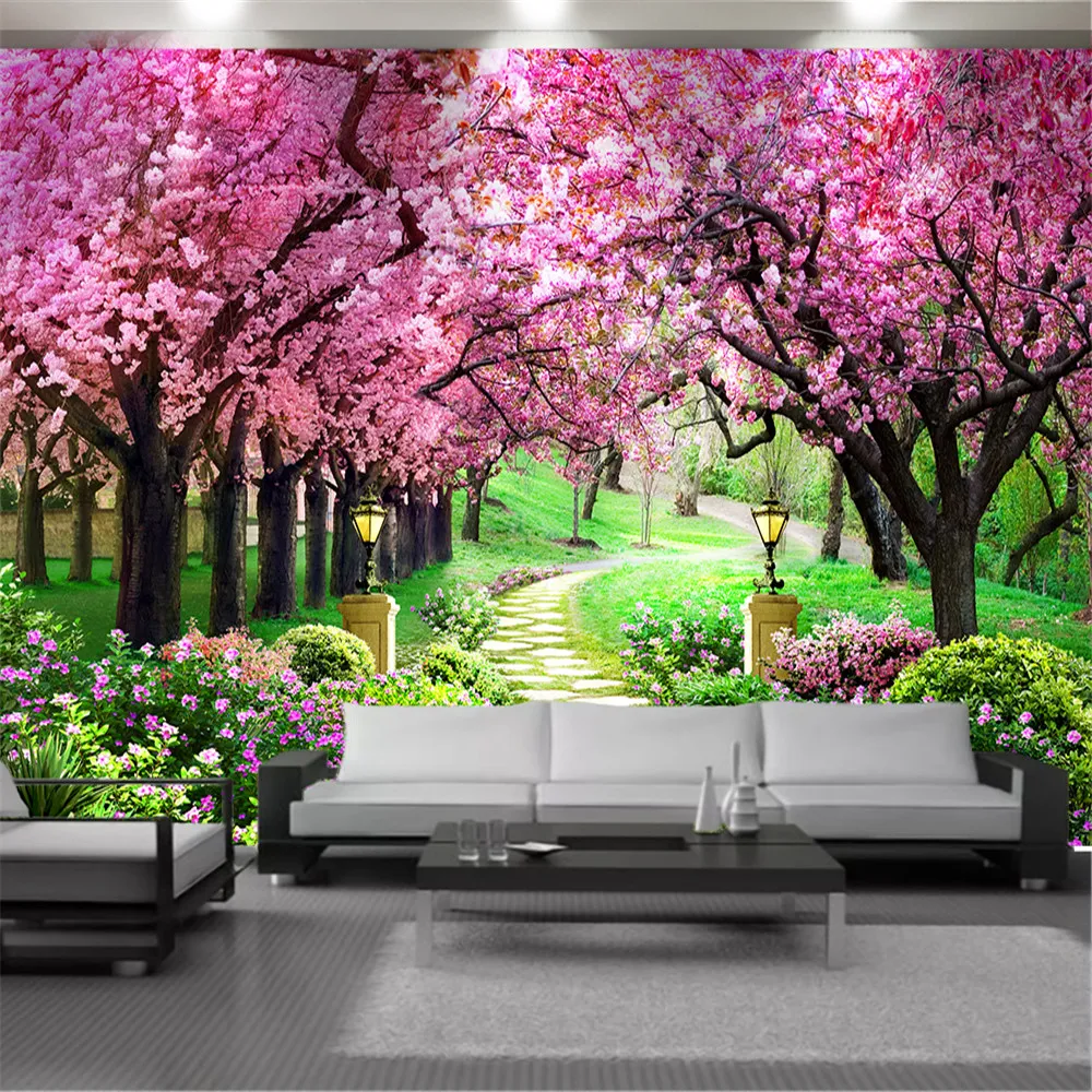 Paysage personnalisé 3D Paysage Wall Covering Wallpaper Forêt Arbres Rose Arbres Fleur Sea Belle Paysage Intérieur Home Décor Peinture Fonds d'écran mural