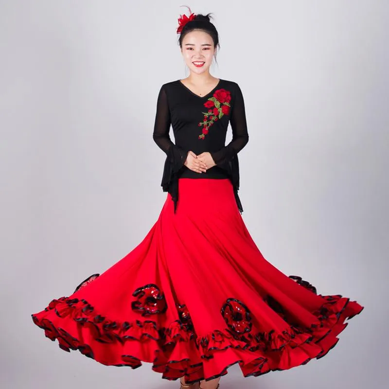 Red Ballroom Dance Skirt Women Flamenco Elegant Waltz Outfit Spanish Dress Stage Costume Extoic Wear JL2493