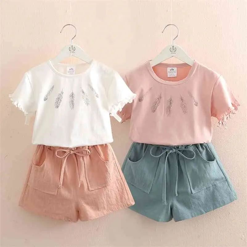 Girls Clothing Set Summer 3-10T Years Old Kids Girl Solid Color Cut Sleeve T Shirt+Shorts Drawstring 2 Piece Tracksuit Set 210701