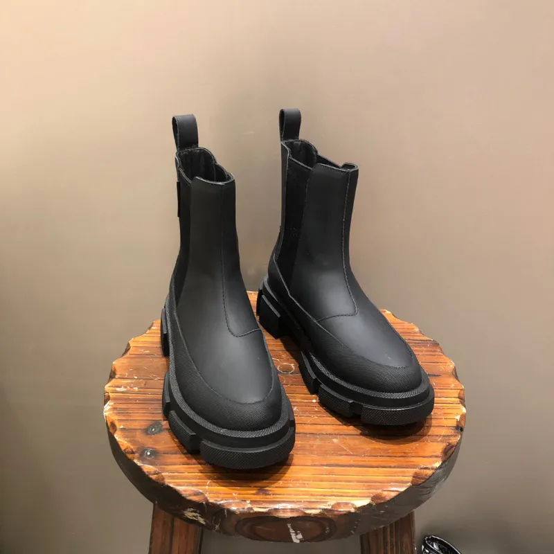 Black Both Leather Ankle Chelsea Boots Platform Wedges Slip On Round