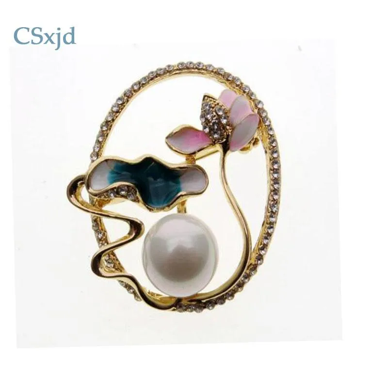 Pins, Brooches CSxjd Vintage Fashion Simulation Pearl Lotus Enamel Clothing Accessories Brooch Hats Scarf Women Bijoux