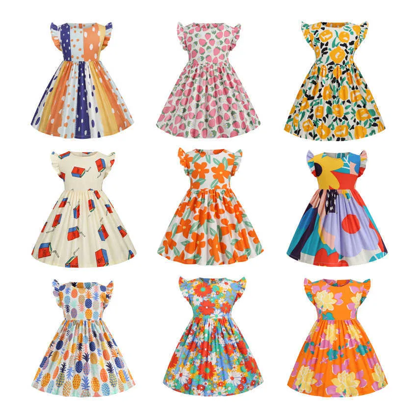 New Arrival 2021 Summer Dresses For Baby Girls Cotton Children Short Sleeve Floral Clothes Flower Print Kids Clothing 2-6 Years Q0716