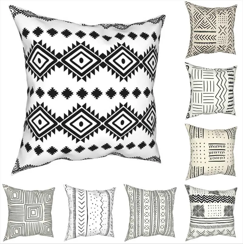 Kudde dekorativ kudde retro bohemiskt mönster svarta vita fall tribal geometrisk boho etnisk kudde täckdekor kudde för 268k