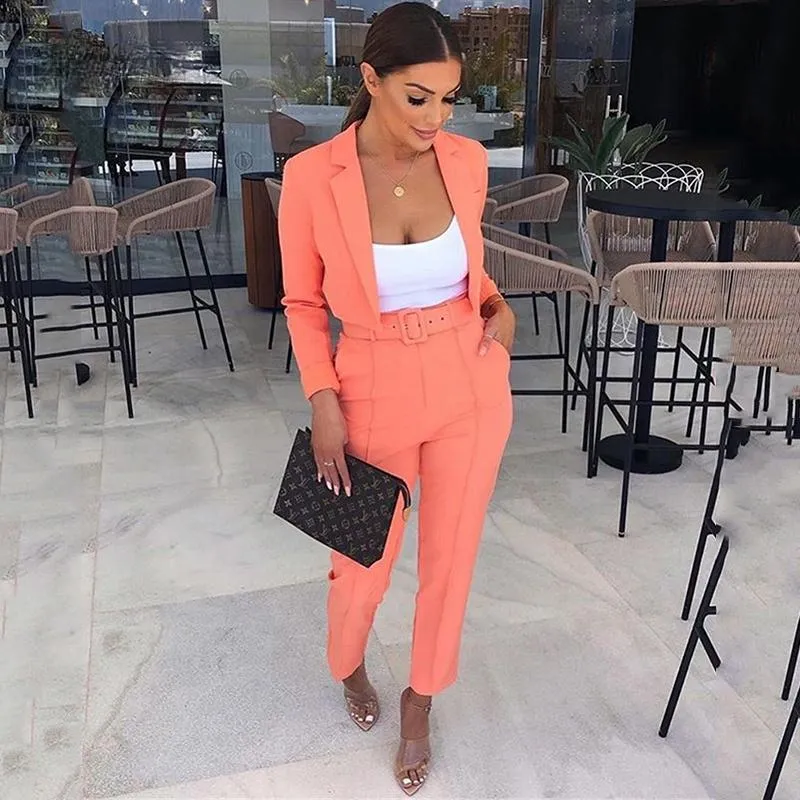 Rose décontracté femmes costumes bureau ensembles Orange costume 2021 haut court et pantalon pour Blazer ensemble femmes deux pièces pantalon