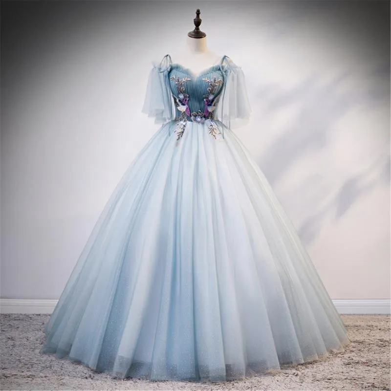 Party Sukienki Romantyczny Blue Quinceanera Prom Dress Spaghetti Strap Sweetheart Neck Draped Masquerade Lace Up Powrót Suknie Ślubne