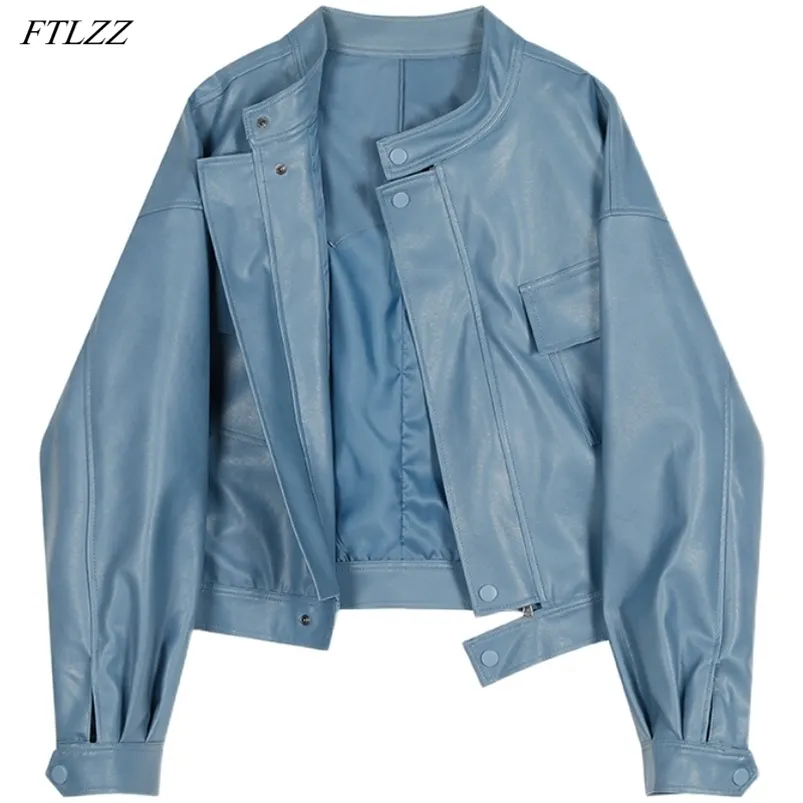 Printemps femmes bleu Faux cuir veste dames Moto Biker Streetwear poches lâche court mode Pu pardessus 210430