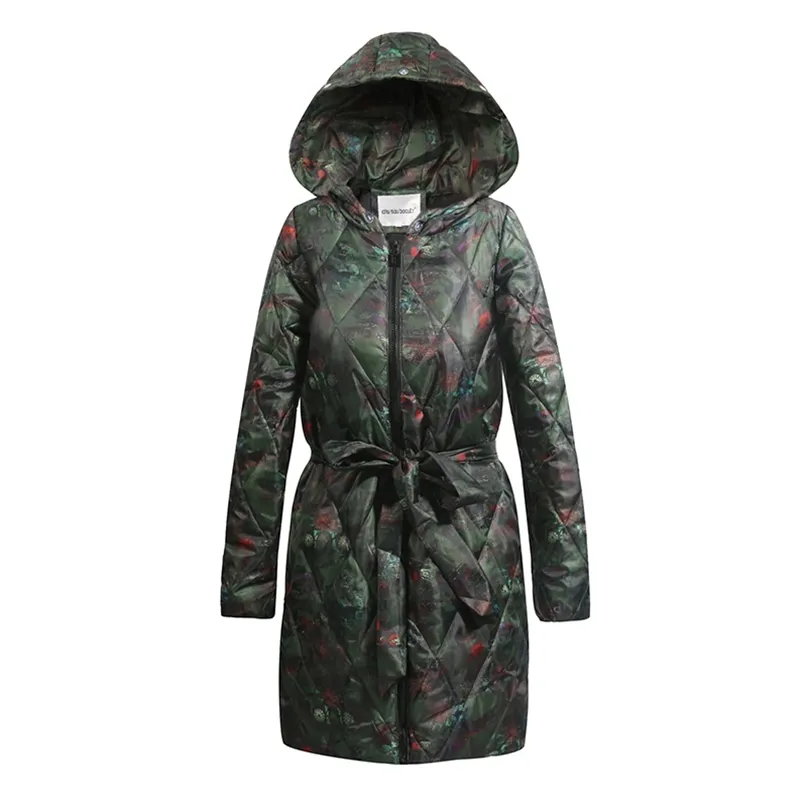 Solido inverno lungo Argyle Parka moda donna cravatta cintura cappotti eleganti cerniera con cappuccio in cotone giacche donna donna 210923