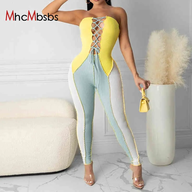Kvinnor Hollow Out Color Block Patchwork Bodycon Jumpsuit Stropless Bandage Playsuit Summer Casual Sporty Outfits 210517
