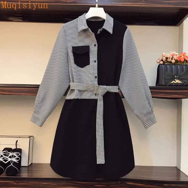 Robe chemise pour femmes printemps col rabattu à manches longues pied-de-poule patchwork noir robes décontractées en vrac avec ceinture 210428