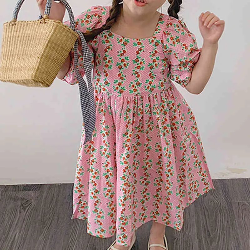 Summer Halter Bowknot Girls Dress Short-sleeved Children Floral 3-7 Years Old Printed Children's Clothes 210515